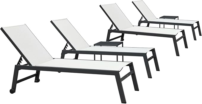 PURPLE LEAF 6-Piece Outdoor Chaise Lounge Oversized Pool Lounge Chairs with Easy-to-Move Wheels and Adjustable Backrest Extra Large Patio Loungers for Poolside Deck Beach Yard Table Included, Linen