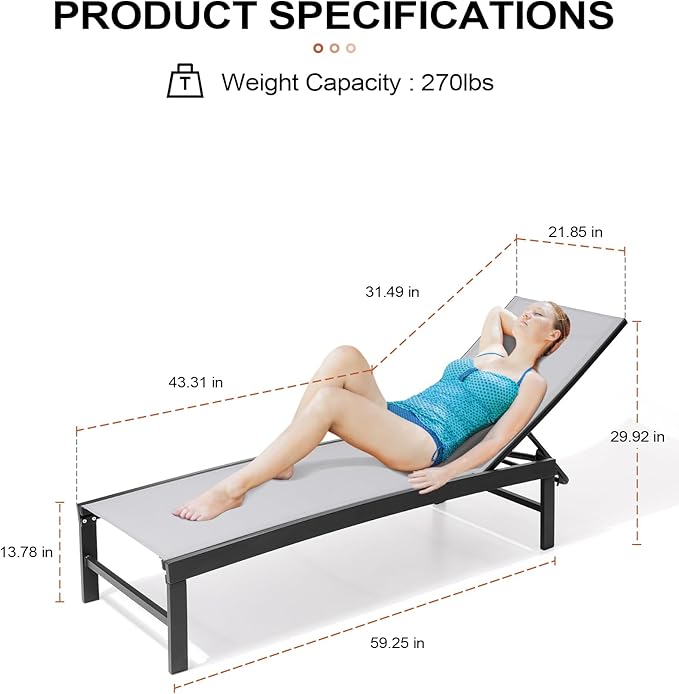 Crestlive Products Outdoor Lounge Chairs, Aluminum Pool Chaise Lounge Chairs, Adjustable Five-Position Tanning Recliner, All Weather for Patio, Beach, Yard, Pool (1PC Light Gray)