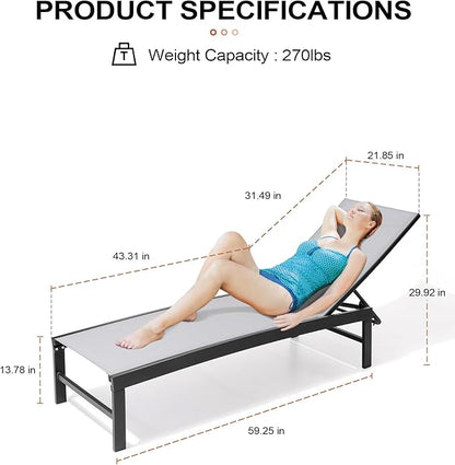 Crestlive Products Outdoor Lounge Chairs, Aluminum Pool Chaise Lounge Chairs, Adjustable Five-Position Tanning Recliner, All Weather for Patio, Beach, Yard, Pool (1PC Light Gray)