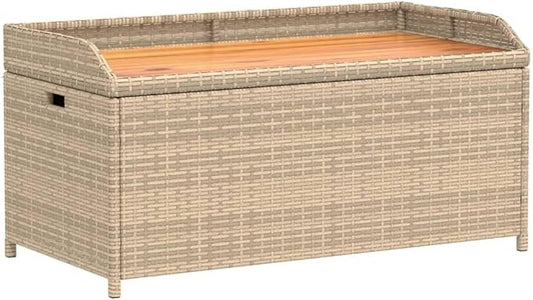 Outdoor Storage Bench with Synthetic Rattan, Acacia Wood Top, Weather-Resistant Patio Seating for Garden or Balcony Mix Beige, 19.7 x 39.4 x 20.5 in