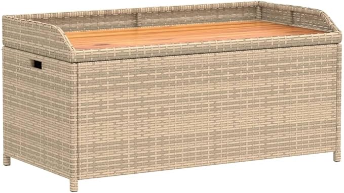 Outdoor Storage Bench with Waterproof Bag, Mix Beige and Brown, Solid Acacia Wood and Poly Rattan, Weather-Resistant Seating for Patio Garden