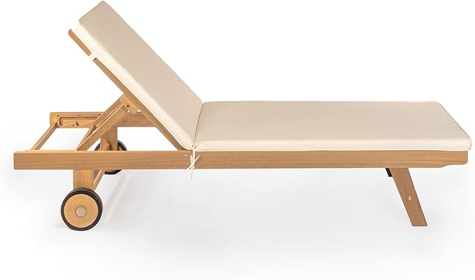 JONATHAN Y LNG1000A Mallorca 77.56"x23.62" Modern Classic Adjustable Acacia Wood Chaise Outdoor Lounge Chair with Cushion & Wheels Coastal, Bohemian, Minimalist, Traditional, White/Natural