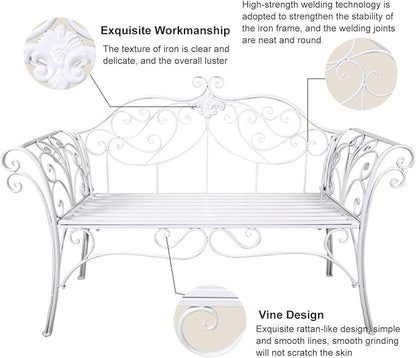Retro Metal Garden Bench, 2-Seater Loveseat with Curved Backrest & Armrests, Outdoor Patio Furniture for Yard, Porch, Park, Lawn, Supports 250kg, Black Finish