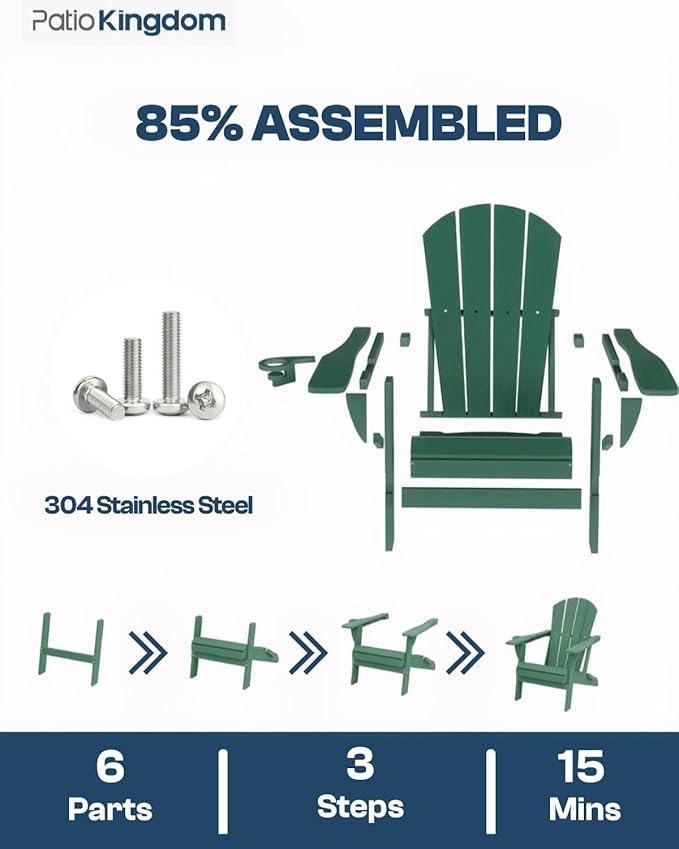 Green 6-Piece Folding Adirondack Chair Set with Cup Holders, Ottomans - Photo 7
