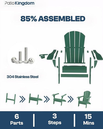 Green 6-Piece Folding Adirondack Chair Set with Cup Holders, Ottomans, Side Table & Beige 11FT Cantilever Umbrella with Base, HDPE Outdoor Chairs