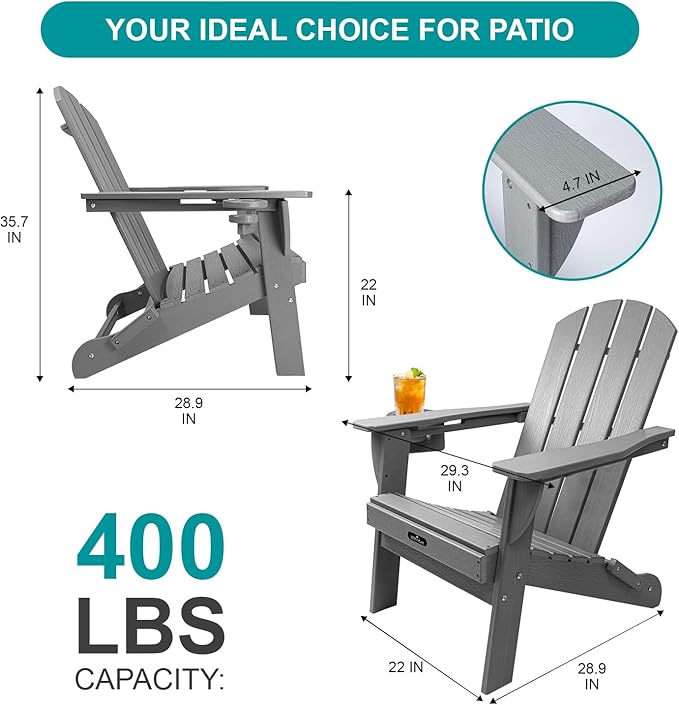 Folding Adirondack Chair, All-Weather HDPE Patio Chair with Cup Holder - Photo 3