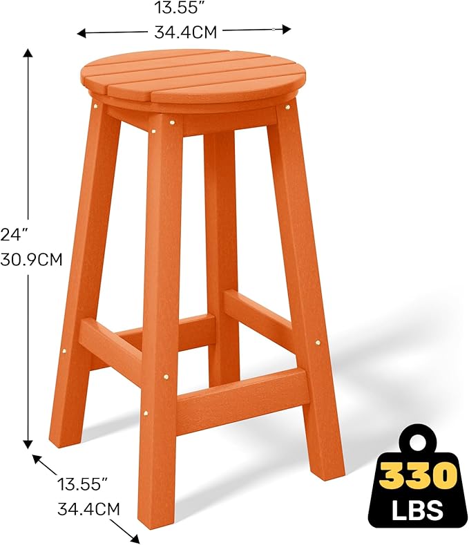 Costaelm 24" Height Outdoor Bar Stools, All-Weather Bar Stools, Adirondack Poly Patio Round Bar Stool for Patio, Deck, Kitchen Counter and Garden, Orange