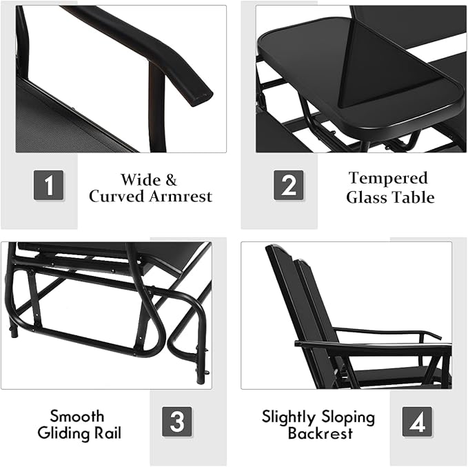 Giantex Patio Bench Glider Chair with Metal Frame, Center Tempered Glass Table, Outside Double Rocking Swing Loveseat for Porch, Garden, Poolside, Balcony, Lawn Rocker Outdoor Glider Bench(Black)