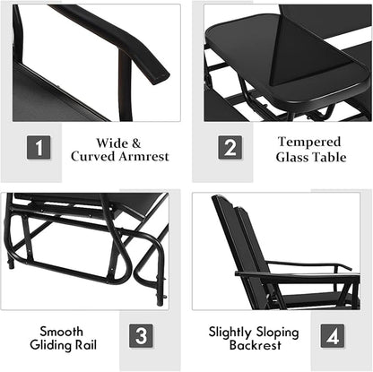 Giantex Patio Bench Glider Chair with Metal Frame, Center Tempered Glass Table, Outside Double Rocking Swing Loveseat for Porch, Garden, Poolside, Balcony, Lawn Rocker Outdoor Glider Bench(Black)