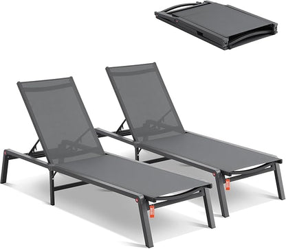 VEVOR 2 Pcs Chaise Lounge Chairs Outdoor, Aluminum Patio Lounge Chair with Adjustable 5-Position, Folding Pool Chairs Recliner and Full Flat Tanning Chair for Patio, Beach, Pool, Gray, 2 pcs