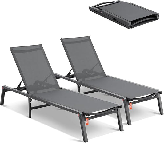 VEVOR 2 Pcs Chaise Lounge Chairs Outdoor, Aluminum Patio Lounge Chair with Adjustable 5-Position, Folding Pool Chairs Recliner and Full Flat Tanning Chair for Patio, Beach, Pool, Gray, 2 pcs