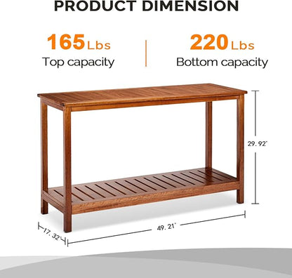 VINGLI 49in Solid Wood Outdoor Console Table, 2-Shelf Wooden Outdoor Accent Plant Table Multifunctional Buffet Bar Storage Organizer for Indoor Patio Porch and Entryway (Natural)