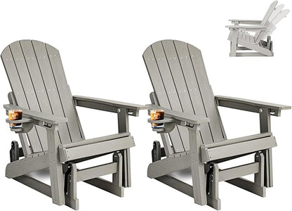 3-Position Adjustable Adirondack Chair with Cup Holder Set of 2, HDPE All-Weather Outdoor Glider Chair, Wood-Grain Fire Pit Chairs for Pool, Yard, Deck (Grey)