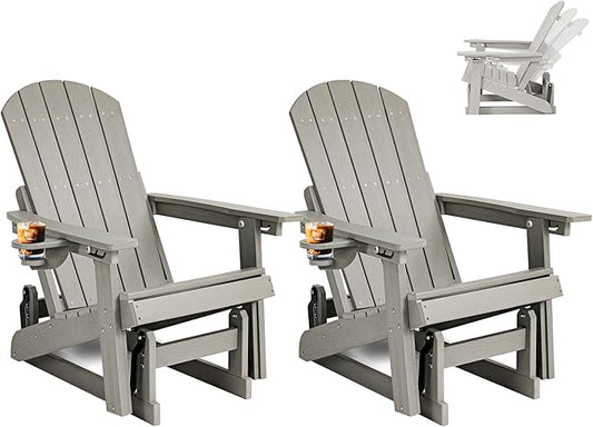 3-Position Adjustable Adirondack Chair with Cup Holder Set of 2, HDPE All-Weather Outdoor Glider Chair, Wood-Grain Fire Pit Chairs for Pool, Yard, Deck (Grey)