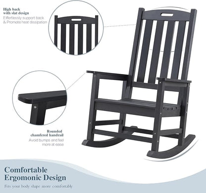 Psilvam Oversized Outdoor Rocking Chair, with 21" Wide Seat and 32" Tall Backrest, Pre-Assembled with Most Components for Effortless Installation (Carbon Black)