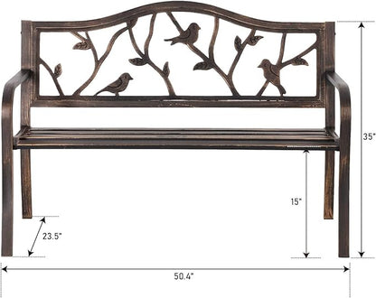 MFSTUDIO Outdoor Metal Bench Set of 2, 50" Outdoor Garden Bench, Patio Metal Frame Park Bench with Bird Pattern Backrest for Porch, Lawn, Deck, Bronze