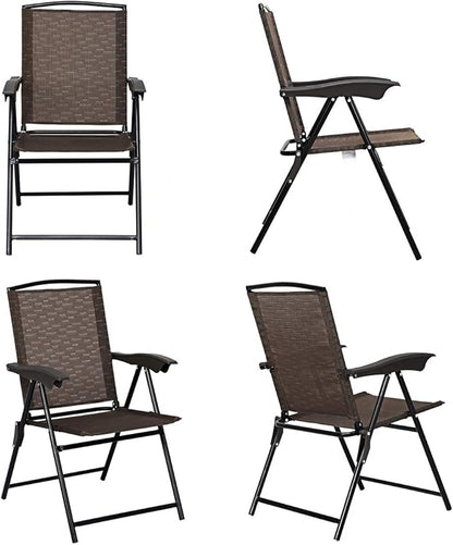 ARLIME Set of 4 Patio Folding Chairs, Height Adjustable Sling Backrest Chairs with Armrest, Weather-Resistant Chairs Portable for Outdoor Indoor Garden Pool Beach, Deck Lounge Chairs, Brown