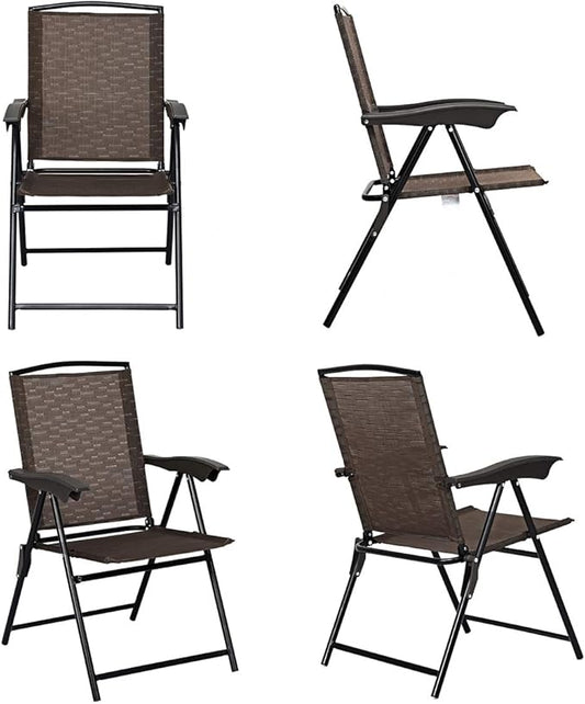 ARLIME Set of 4 Patio Folding Chairs, Height Adjustable Sling Backrest Chairs with Armrest, Weather-Resistant Chairs Portable for Outdoor Indoor Garden Pool Beach, Deck Lounge Chairs, Brown