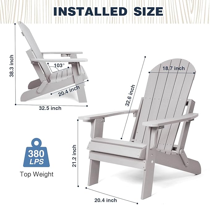 Folding Adirondack Chairs Set of 4, All Weather Resistant Plastic Chairs with Cup Holder, Fold or Unfold Easily in 1 Second, Outdoor Chairs for Patio, Garden, Backyard Deck, Lawn Fire Pit(Grey)