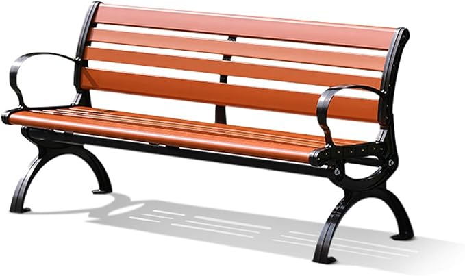 Outdoor garden benches Metal garden bench 2-3 Person Seat Loveseat Chairs Patio Bench Chair with Backrest 120/150/180cm Solid wood slatted seat and galvanized frame 300kg Weight Capacity(Orange