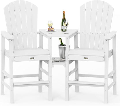 VINGLI Tall Adirondack Chairs Set of 2 with Dual Trays, All-Weather HDPE Outdoor BarStools Poly Deck Chairs for Patio, Poolside and Balcony (White)