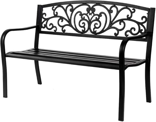 50" Garden Bench, Antique Metal Outside Bench w/Warm Welcome Pattern, Elegant Bronze Finish and Durable Metal Frame for Park Yard Porch Chair, Black (50" Butterfly Black)