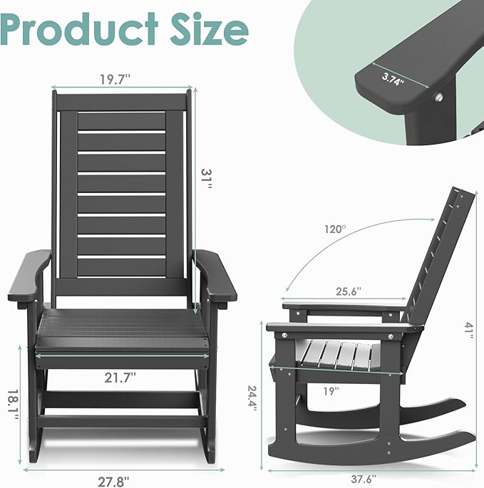 IVY&LANE Outdoor Rocking Chairs Set of 4 | Porch-Rockers | Grey | HDPE Plastic | All-Weather | High Back | Wide Seat | Oversized Patio Rocker for Adult | for Outside Deck Balcony Garden