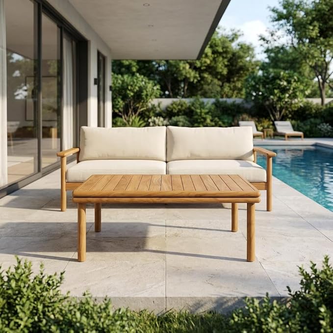 Brown Outdoor Patio Teak Wood Coffee Table, Solid Construction, Weather-Resistant Finish, Stylish Design for Garden, Deck, and Patio Use
