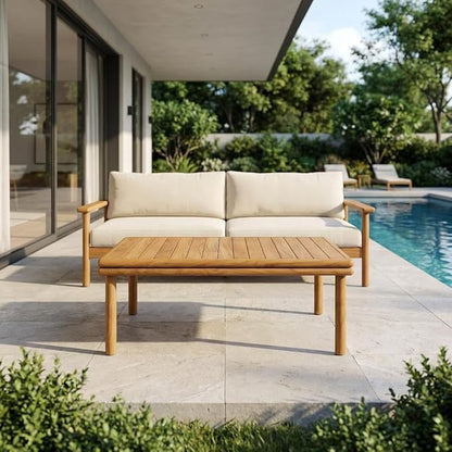 Brown Outdoor Patio Teak Wood Coffee Table, Solid Construction, Weather-Resistant Finish, Stylish Design for Garden, Deck, and Patio Use