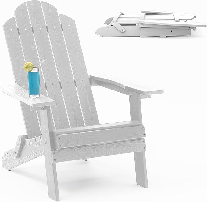 MXIMU Folding Adirondack Chair Weather Resistant Plastic Fire Pit Chairs Adorondic Plastic Outdoor Chairs for Firepit Area Seating Lifetime - White