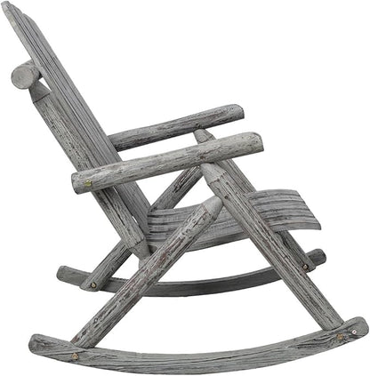 Outdoor Cedar Log Rocking Chair for Adults, Heavy Duty Wooden Porch Rocker with High Back & Ergonomic Slatted Seat, 330 LB Capacity Rocking Chair for Patio, Garden, Balcony, Yard,Gray
