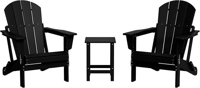 WestinTrends Malibu 3-Pieces Adirondack Chairs Set with Side Table, All Weather Outdoor Seating Plastic Patio Lawn Chair Folding for Outside Porch Deck Backyard, Black