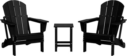 WestinTrends Malibu 3-Pieces Adirondack Chairs Set with Side Table, All Weather Outdoor Seating Plastic Patio Lawn Chair Folding for Outside Porch Deck Backyard, Black