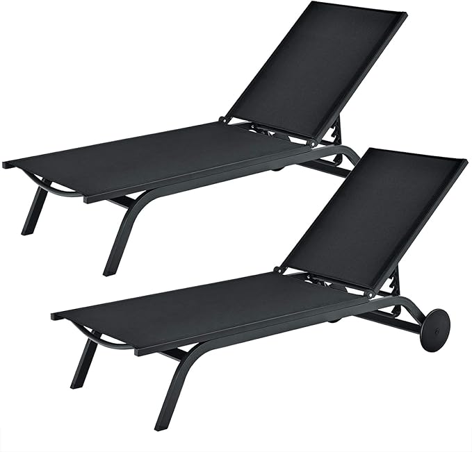 Tangkula Outdoor Aluminum Chaise Lounge, Patio Lounge Recliner Chair w/6 Adjustable Backrest, Reclining Chaise Chair with Wheels for Beach, Yard, Balcony, Poolside (2, Black)