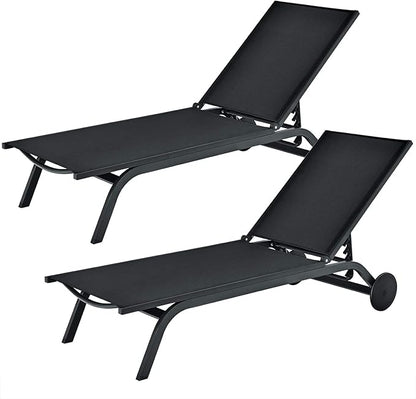 Tangkula Outdoor Aluminum Chaise Lounge, Patio Lounge Recliner Chair w/6 Adjustable Backrest, Reclining Chaise Chair with Wheels for Beach, Yard, Balcony, Poolside (2, Black)
