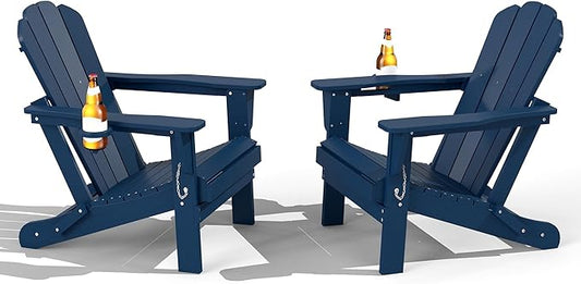 Domi Folding Adirondack Chair Set of 2, HDPE All-Weather Adirondack Chairs with Cup Holder, Outdoor Plastic Fire Pit Chairs Wood Texture for Poolside, Patio, Backyard, Deck (Blue)