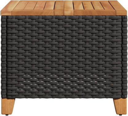 Square Garden Side Table, Compact Patio Coffee Table with Durable Poly Rattan and Acacia Wood Top, Weather-Resistant Outdoor End Table for Balcony, Terrace and Small Spaces, Black and Brown