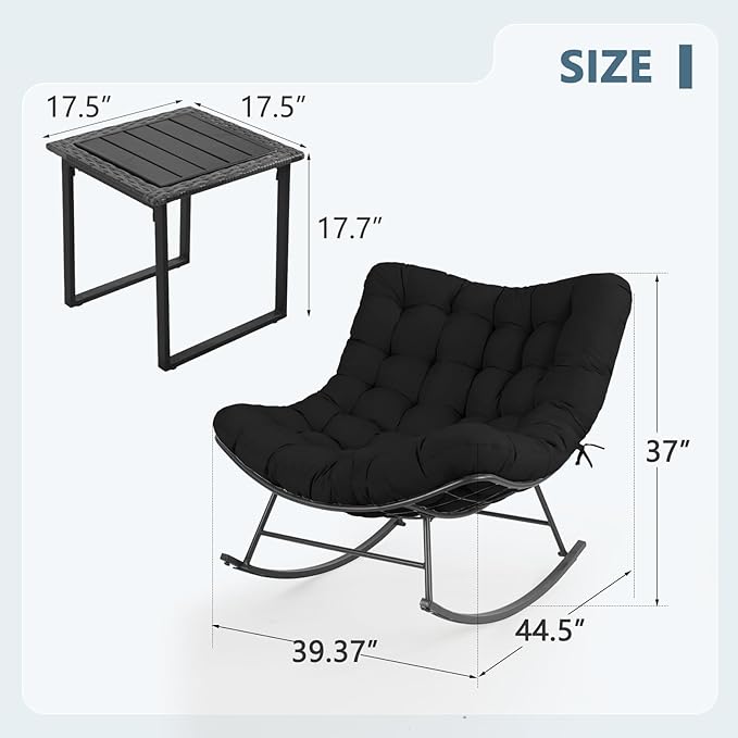 Outdoor Rocking Chairs Set of 2 with Wicker Side Table, Thick Cushioned Papasan Rocking Chairs with End Table, 3PCS Oversized Egg Chair Set for Patio, Porch, Balcony, Bedroom, Living Room, Black