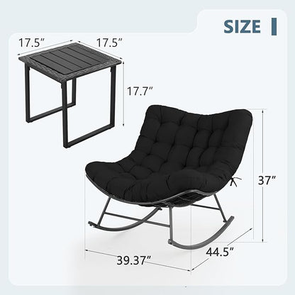 Outdoor Rocking Chairs Set of 2 with Wicker Side Table, Thick Cushioned Papasan Rocking Chairs with End Table, 3PCS Oversized Egg Chair Set for Patio, Porch, Balcony, Bedroom, Living Room, Black