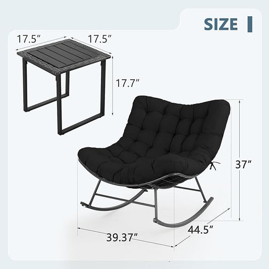 Outdoor Rocking Chairs Set of 2 with Wicker Side Table, Thick Cushioned Papasan Rocking Chairs with End Table, 3PCS Oversized Egg Chair Set for Patio, Porch, Balcony, Bedroom, Living Room, Black