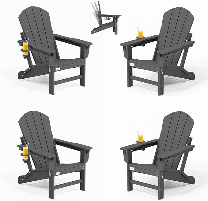 Mdeam 3-Position Adjustable Adirondack Chairs Set of 4, 400LBS Capacity, Cup Holder, Wooden Textured, All-Weather HDPE Folding Fire Pit Outdoor Chairs for Poolside Deck Patio Garden Yard Lawn - Grey