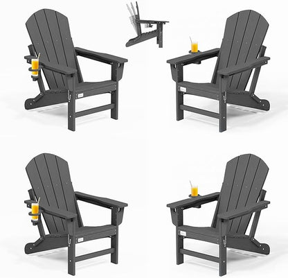 Mdeam 3-Position Adjustable Adirondack Chairs Set of 4, 400LBS Capacity, Cup Holder, Wooden Textured, All-Weather HDPE Folding Fire Pit Outdoor Chairs for Poolside Deck Patio Garden Yard Lawn - Grey