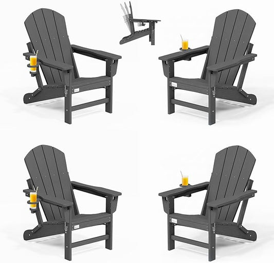 Mdeam 3-Position Adjustable Adirondack Chairs Set of 4, 400LBS Capacity, Cup Holder, Wooden Textured, All-Weather HDPE Folding Fire Pit Outdoor Chairs for Poolside Deck Patio Garden Yard Lawn - Grey