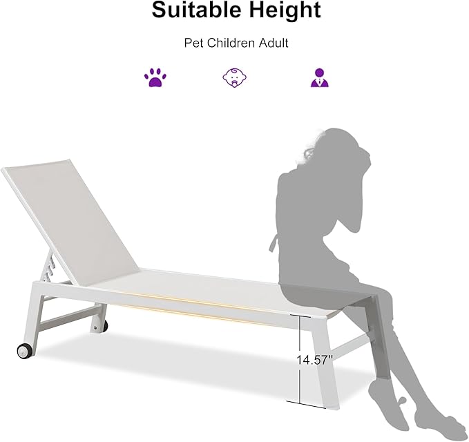 PURPLE LEAF Patio Lounge Chair 2 Pieces White Aluminum Outdoor Chaise Lounge for Pool Backyard Beach with Wheels and Table, Linen