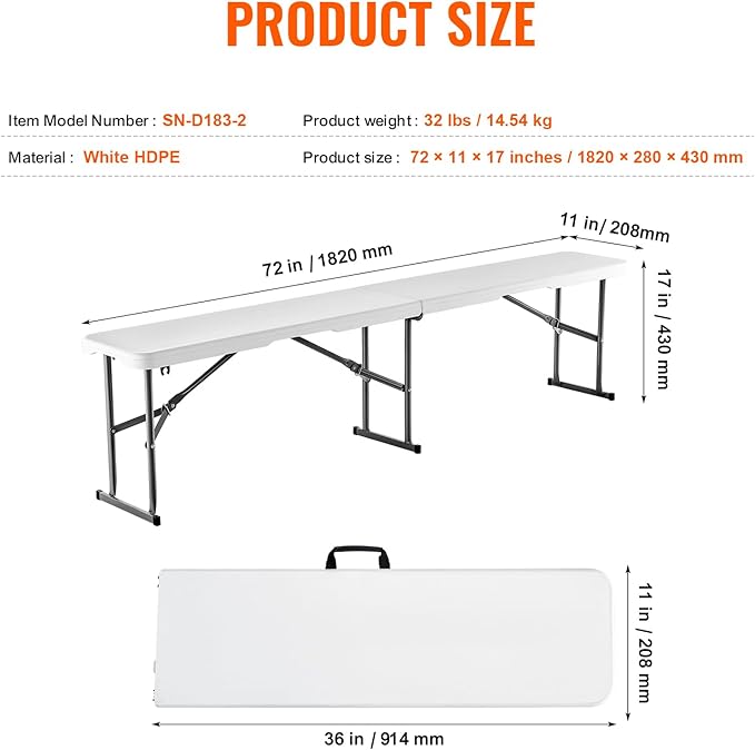 VEVOR Plastic Folding Bench, 6ft Portable Folding Bench, Smooth High Density Polyethylene Waterproof Outdoor Bench, Picnic Camping Table with Handle for Garden Soccer Playtime, White (2 Pack)
