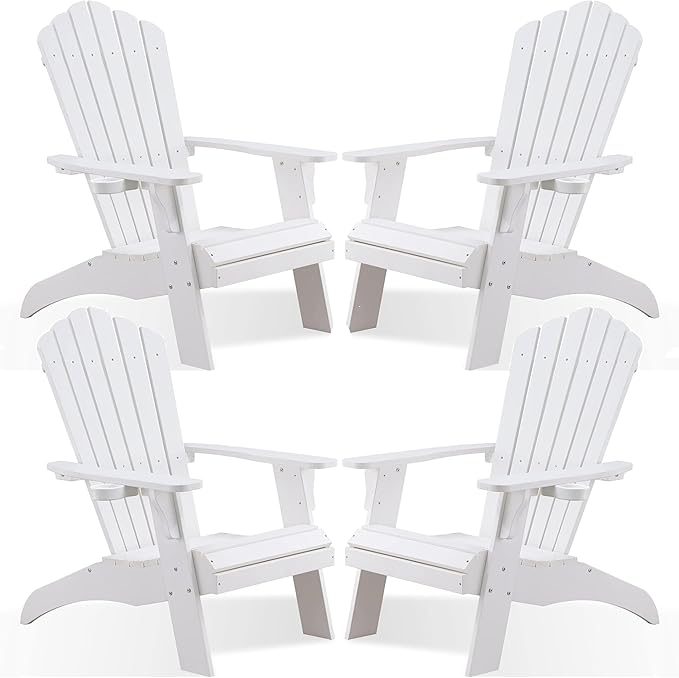 Psilvam Adirondack Chair, Oversized Poly Lumber Fire Pit Chair with Cup Holder, 350Lbs Support Patio Chairs for Garden, Weather Resistant Outdoors Seating, Relaxing Gift for Father & Mother (4,White)