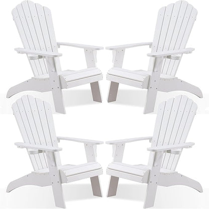 Psilvam Adirondack Chair, Oversized Poly Lumber Fire Pit Chair with Cup Holder, 350Lbs Support Patio Chairs for Garden, Weather Resistant Outdoors Seating, Relaxing Gift for Father & Mother (4,White)