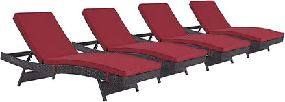 Modway Convene Wicker Rattan Outdoor Patio Chaise Lounge Chairs in Espresso Red - Set of 4