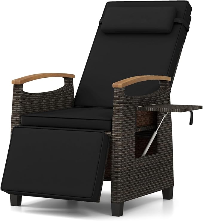 Tangkula Patio Wicker Recliner Chair, Rattan Lounge Chair w/Adjustable Backrest & Footrest, Flip Side Table, Push Back Reclining Seat w/Cushion for Backyard, Porch, Lawn (Black,1)