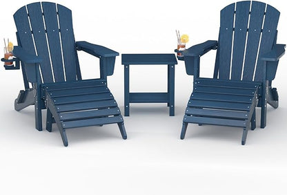Folding Adirondack Chair Set of 5, All-Weather HDPE Outdoor Chair, Wooden Textured with Cup Holder for patios, Decks, Gardens, fire pits, Navy Blue